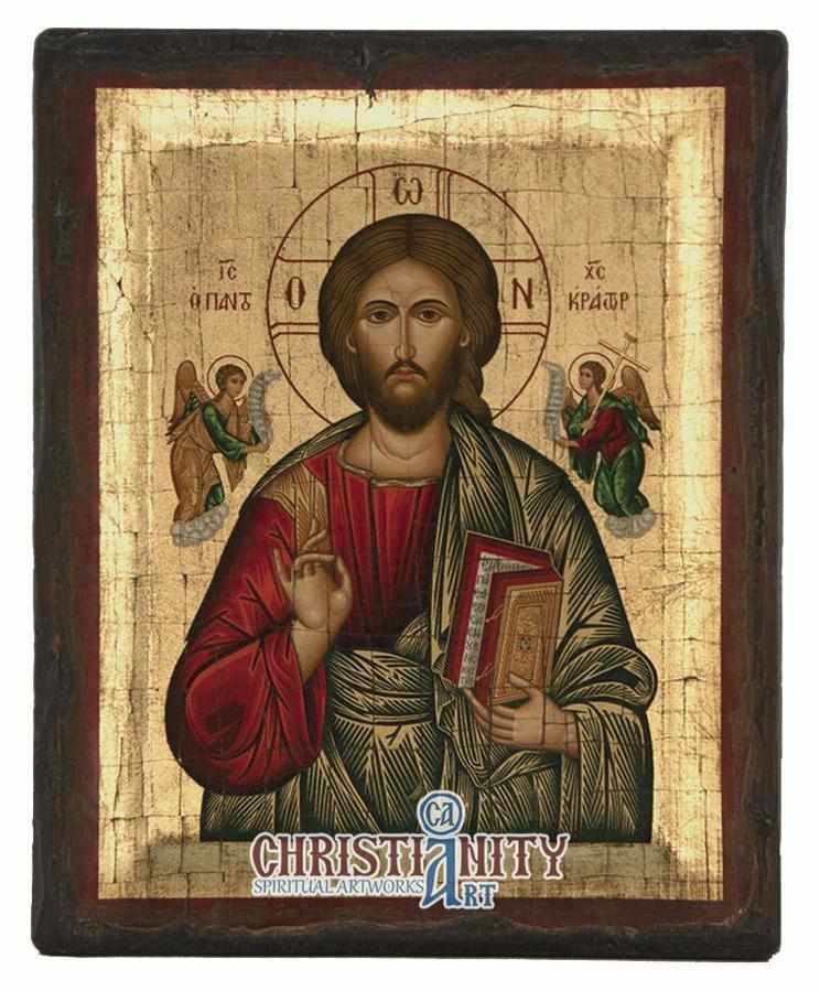 Jesus Christ Pantocrator - Aged wooden icon in canvas with gold background on carved wood - Mount Athos