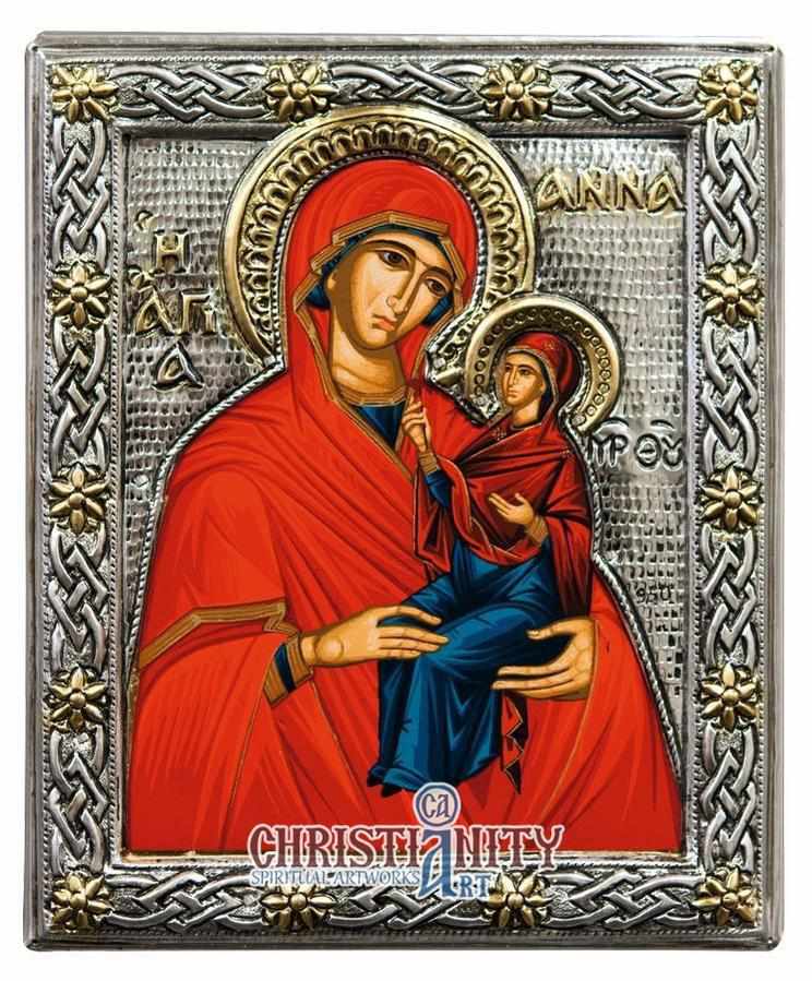 Saint Anne, Mother of the Blessed Virgin Mary - Silver icon on wood, l ...