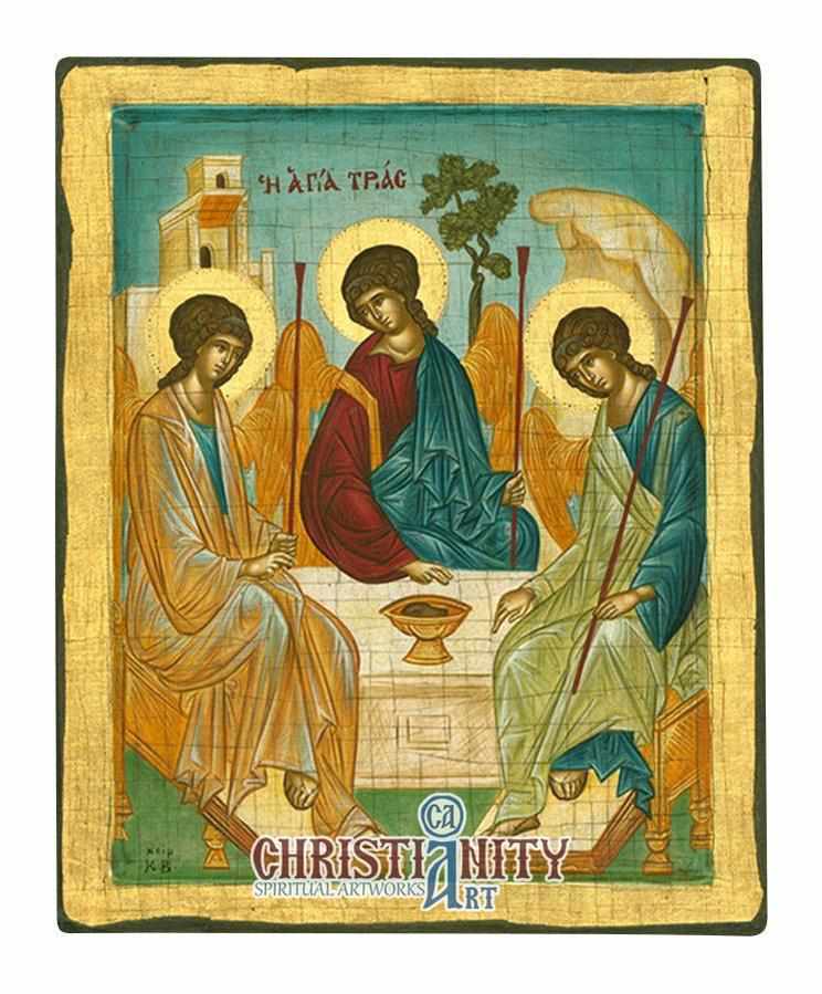 The Holy Trinity - 100% handpainted wooden icon in canvas with gold ba ...