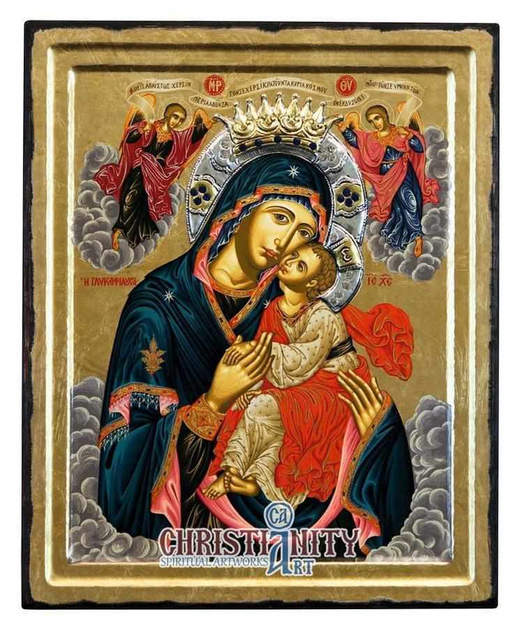 Virgin Mary Glykophilousa - Sweet Kissing - Aged wooden icon with silv ...