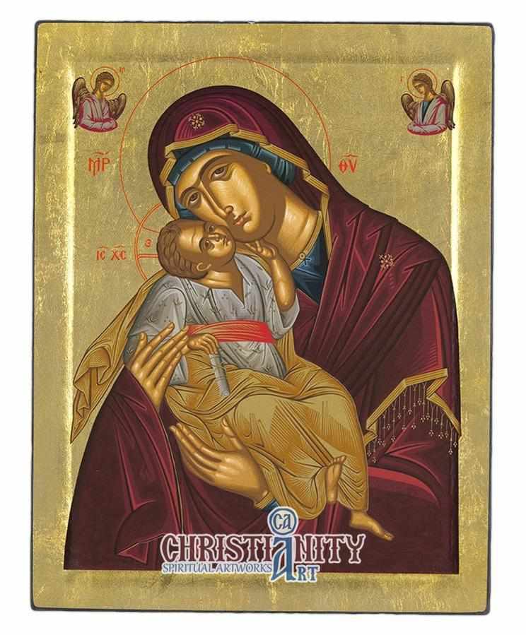 Virgin Mary Glykophilousa - Sweet Kissing - Wooden icon in canvas with ...