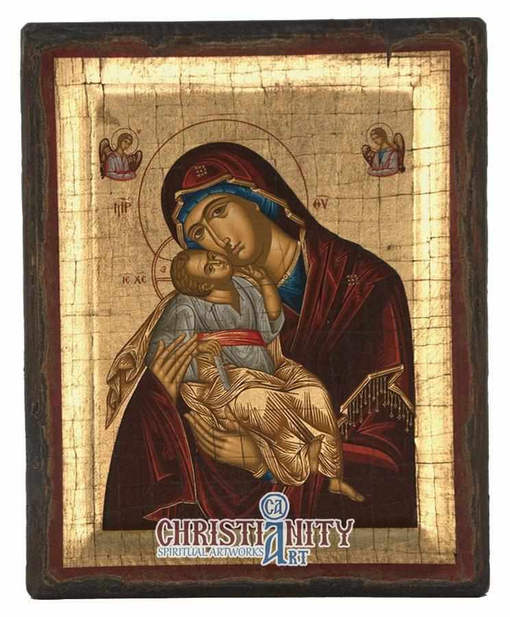 Virgin Mary Glykophilousa - Sweet Kissing - Aged wooden icon in canvas ...
