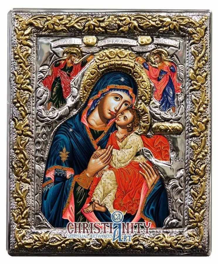 Virgin Mary Glykofilousa - Sweet Kissing (Silver icon - G Series)-Christianity Art
