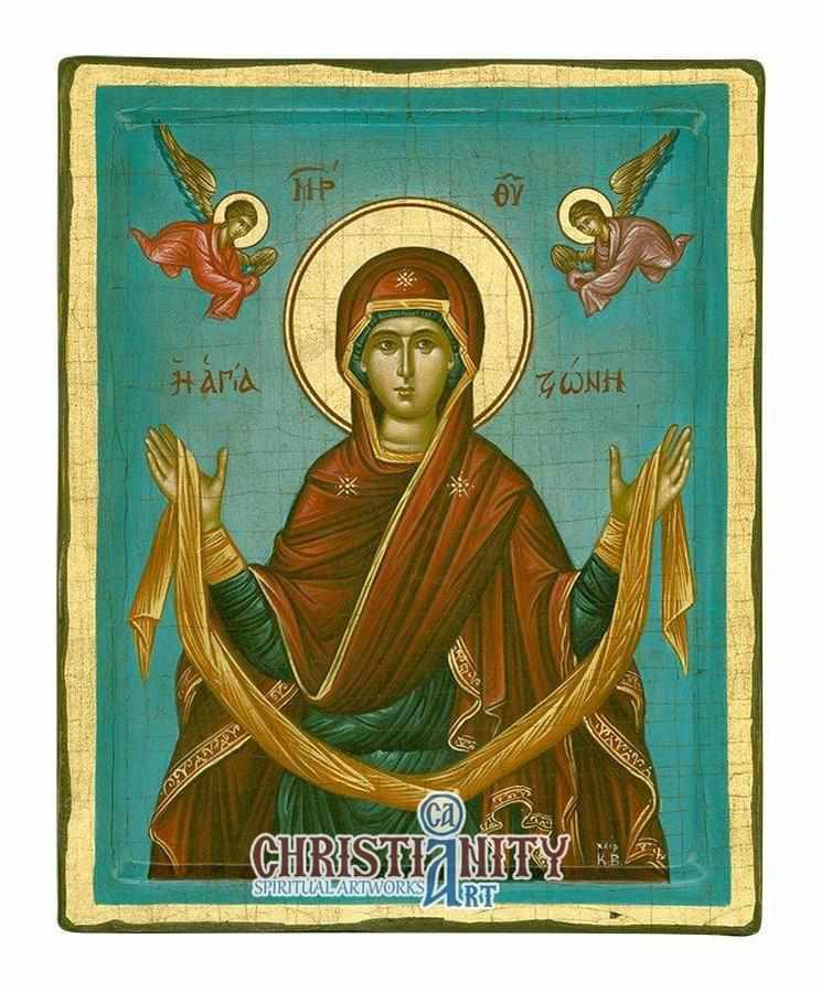 Virgin Mary Holy Belt - 100% handpainted wooden icon in canvas with go ...