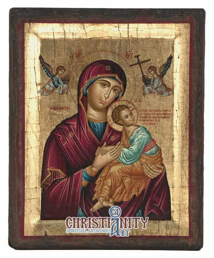 Virgin Mary of Passion - Aged wooden icon in canvas with gold backgrou ...