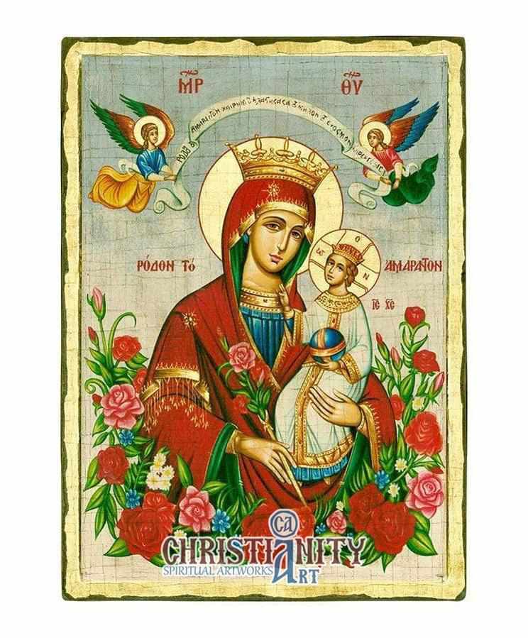 Virgin Mary of Roses (Engraved icon - old looking icon - S Series)-Christianity Art