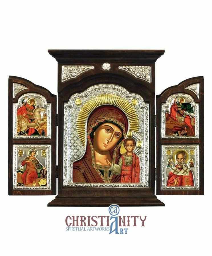 Virgin Mary our Lady of Kazan (Triptych - Silver icon - T Series)-Christianity Art