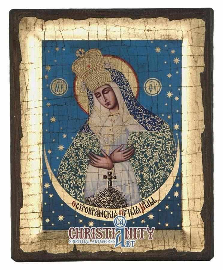 Virgin Mary Praying - Aged wooden icon in canvas with gold background ...
