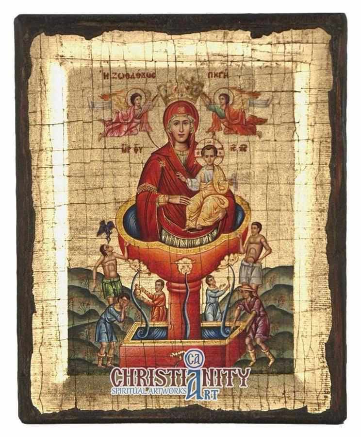 Virgin Mary Zoodochos Pigi (Engraved old - looking icon - S-EW Series)-Christianity Art