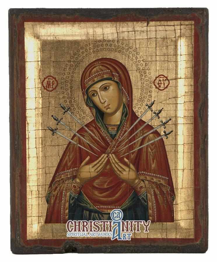 Virgin with 7 Swords (Engraved old - looking icon - S-EW Series)-Christianity Art